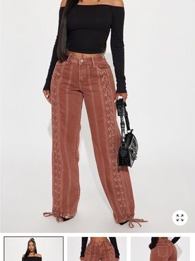 Fashion Nova Rust Lace-Up Wide Leg Jeans